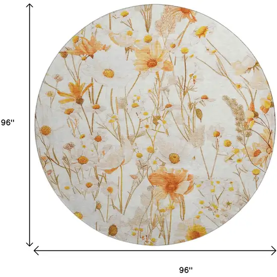 8' X 8' Ivory And Orange Floral Washable Round Rug With UV Protection Photo 9