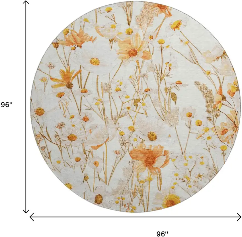 8' X 8' Ivory And Orange Floral Washable Round Rug With UV Protection Photo 9