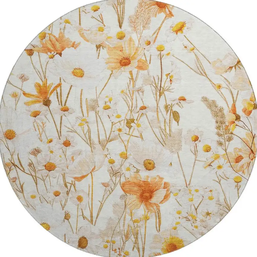 8' X 8' Ivory And Orange Floral Washable Round Rug With UV Protection Photo 2
