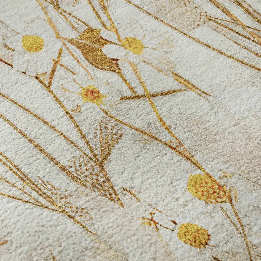 8' X 8' Ivory And Orange Floral Washable Round Rug With UV Protection Photo 8