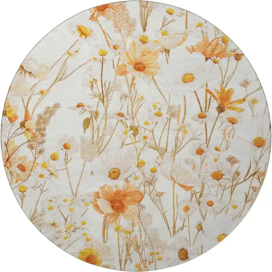 8' X 8' Ivory And Orange Floral Washable Round Rug With UV Protection Photo 3