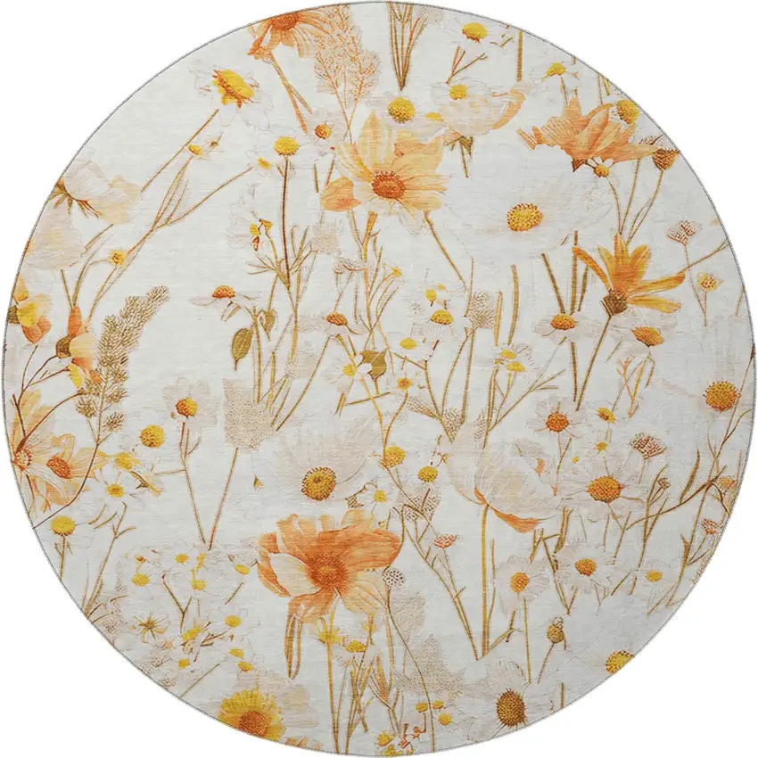 8' X 8' Ivory And Orange Floral Washable Round Rug With UV Protection Photo 3