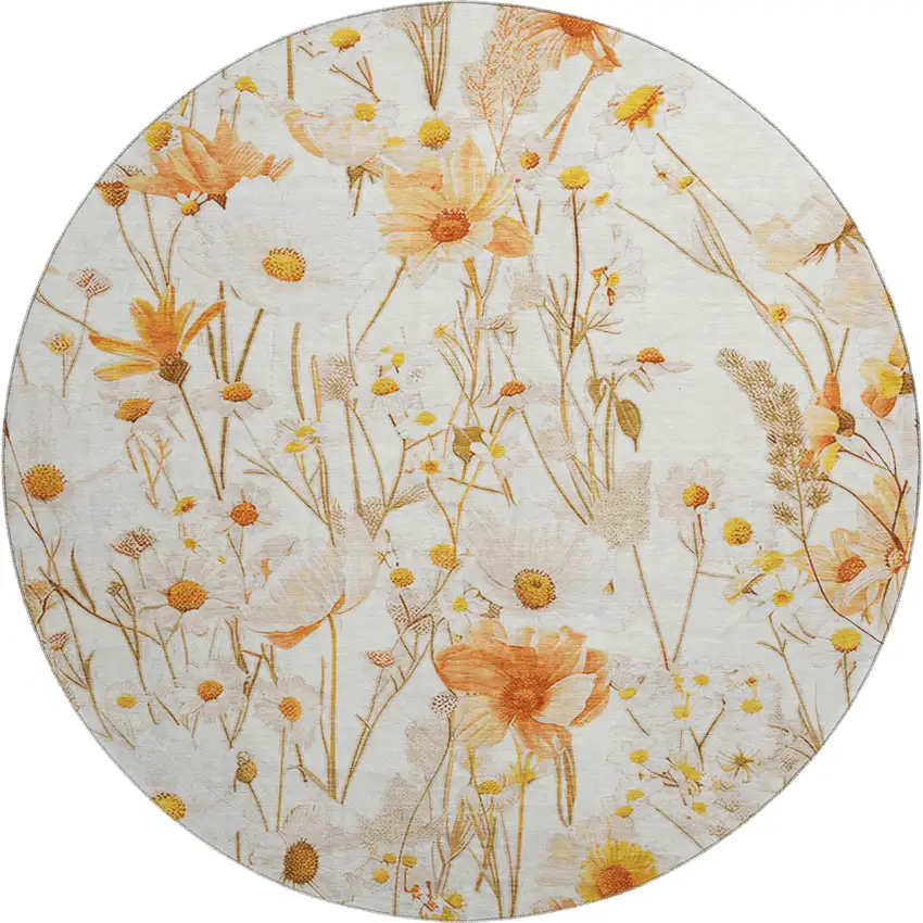 8' X 8' Ivory And Orange Floral Washable Round Rug With UV Protection Photo 1