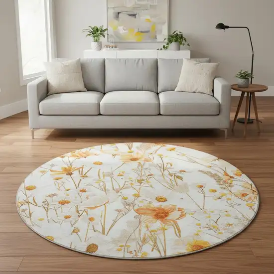 8' X 8' Ivory And Orange Floral Washable Round Rug With UV Protection Photo 2