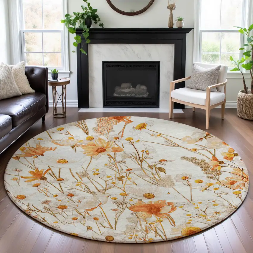 8' X 8' Ivory And Orange Floral Washable Round Rug With UV Protection Photo 4