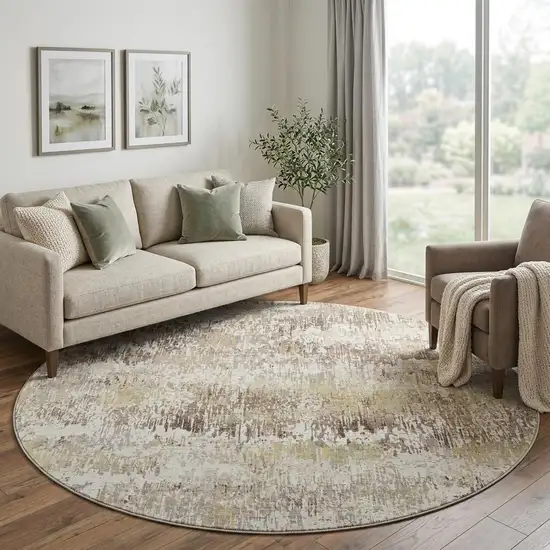 8' X 8' Ivory Beige And Brown Striped Washable Round Rug With UV Protection Photo 1