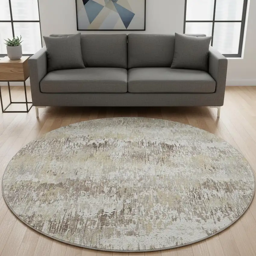 8' X 8' Ivory Beige And Brown Striped Washable Round Rug With UV Protection Photo 2