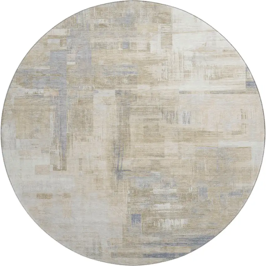 8' X 8' Ivory Beige And Gray Abstract Washable Round Rug With UV Protection Photo 1