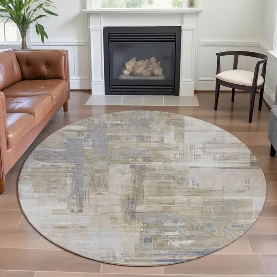 8' X 8' Ivory Beige And Gray Abstract Washable Round Rug With UV Protection Photo 4