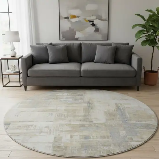 8' X 8' Ivory Beige And Gray Abstract Washable Round Rug With UV Protection Photo 2