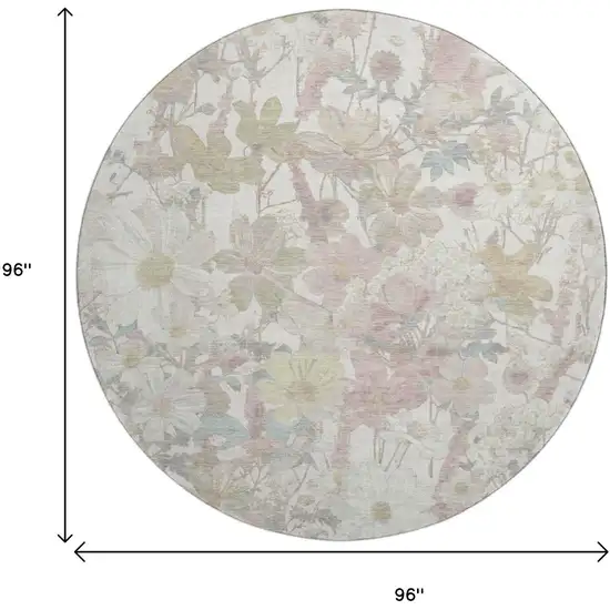 8' X 8' Ivory Beige And Linen Floral Washable Round Rug With UV Protection Photo 9