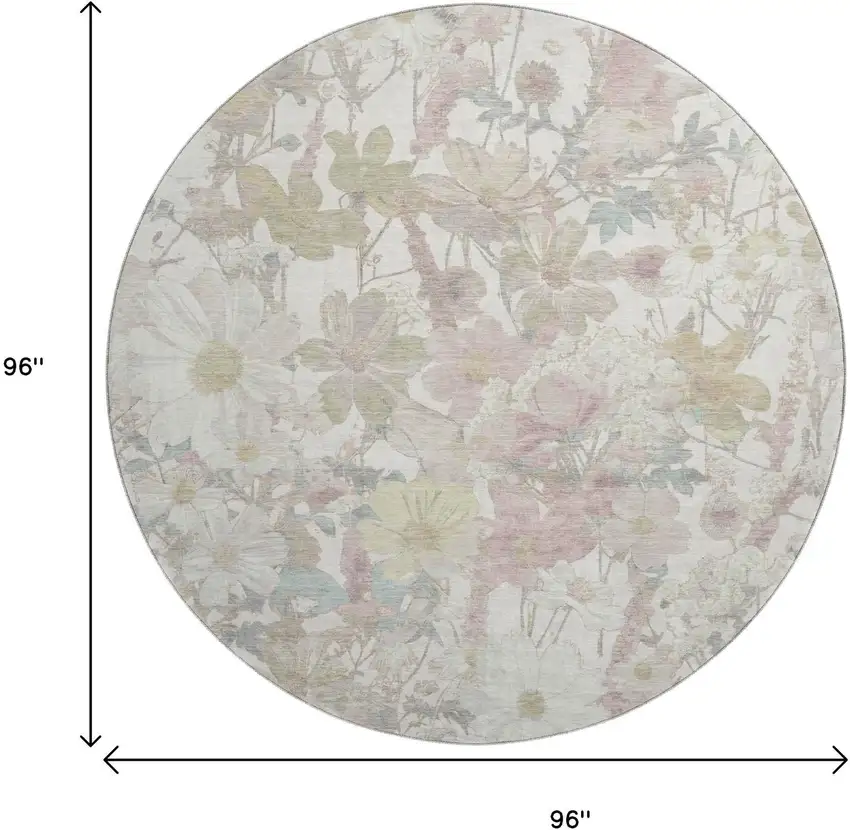8' X 8' Ivory Beige And Linen Floral Washable Round Rug With UV Protection Photo 9