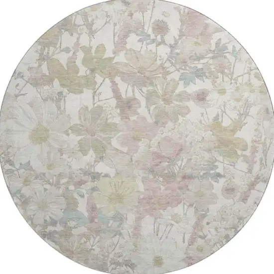 8' X 8' Ivory Beige And Linen Floral Washable Round Rug With UV Protection Photo 3