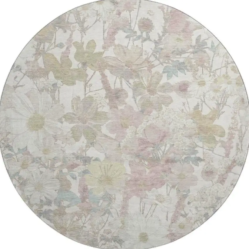 8' X 8' Ivory Beige And Linen Floral Washable Round Rug With UV Protection Photo 3