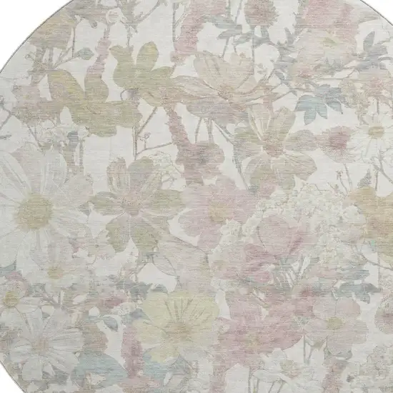 8' X 8' Ivory Beige And Linen Floral Washable Round Rug With UV Protection Photo 2