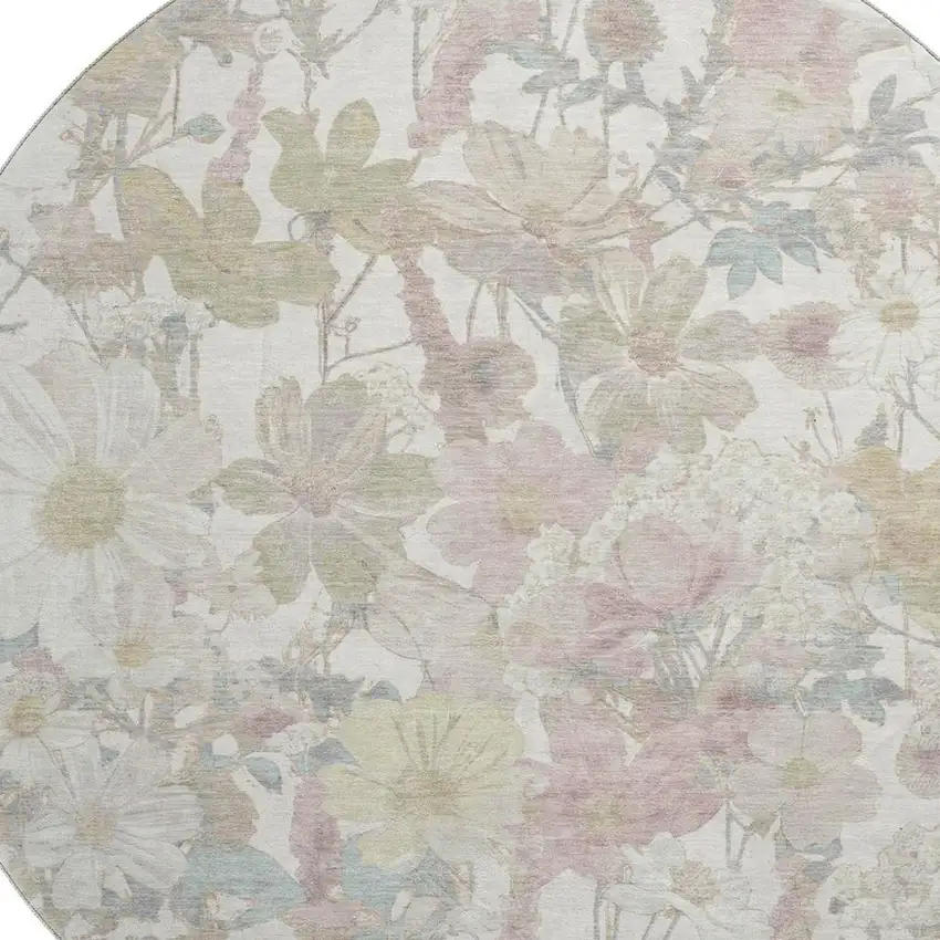 8' X 8' Ivory Beige And Linen Floral Washable Round Rug With UV Protection Photo 2