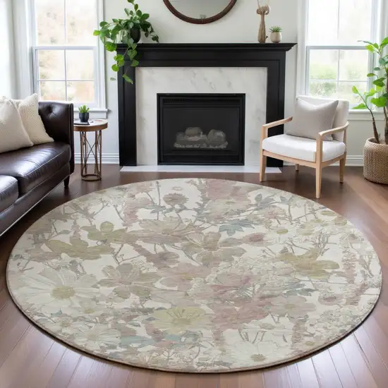 8' X 8' Ivory Beige And Linen Floral Washable Round Rug With UV Protection Photo 4