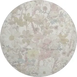 Photo of 8' X 8' Ivory Beige And Linen Floral Washable Round Rug With UV Protection