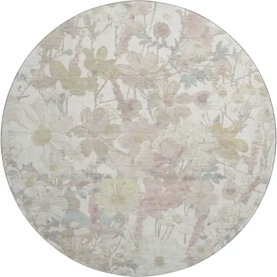 8' X 8' Ivory Beige And Linen Floral Washable Round Rug With UV Protection Photo 1