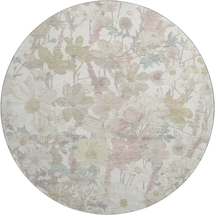 8' X 8' Ivory Beige And Linen Floral Washable Round Rug With UV Protection Photo 1