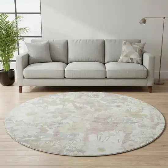 8' X 8' Ivory Beige And Linen Floral Washable Round Rug With UV Protection Photo 2