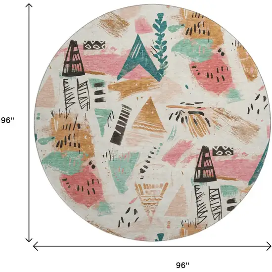 8' X 8' Ivory Black And Blush Geometric Washable Round Rug With UV Protection Photo 8