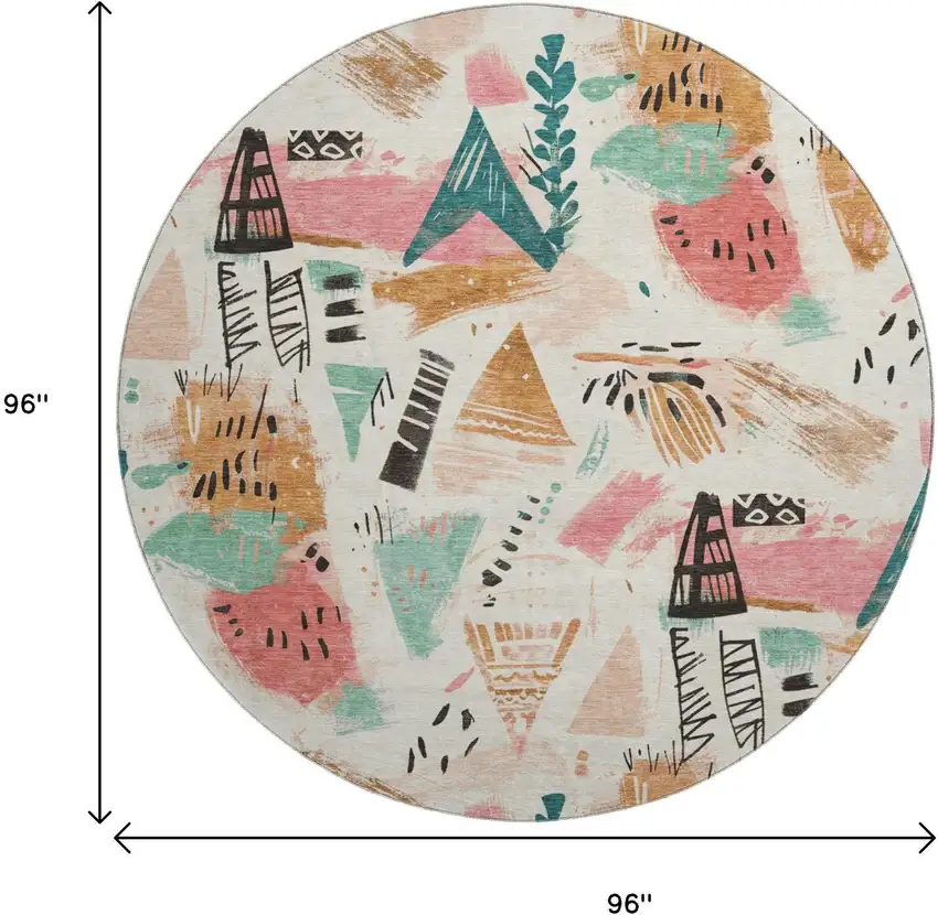 8' X 8' Ivory Black And Blush Geometric Washable Round Rug With UV Protection Photo 8