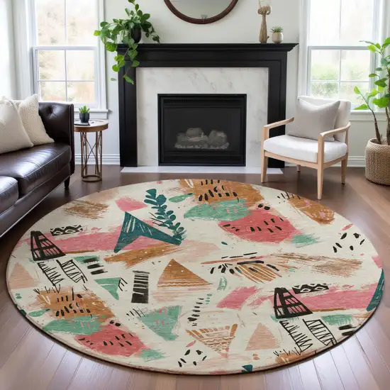 8' X 8' Ivory Black And Blush Geometric Washable Round Rug With UV Protection Photo 3