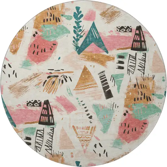 8' X 8' Ivory Black And Blush Geometric Washable Round Rug With UV Protection Photo 2