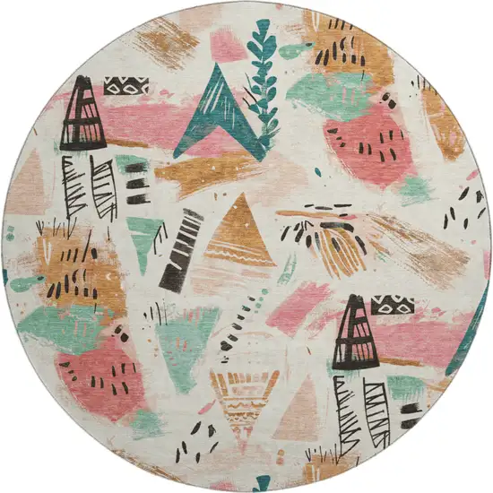 8' X 8' Ivory Black And Blush Geometric Washable Round Rug With UV Protection Photo 1