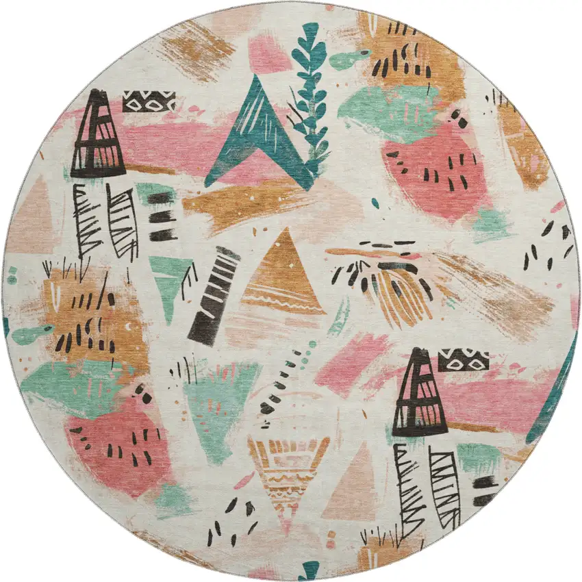 8' X 8' Ivory Black And Blush Geometric Washable Round Rug With UV Protection Photo 1