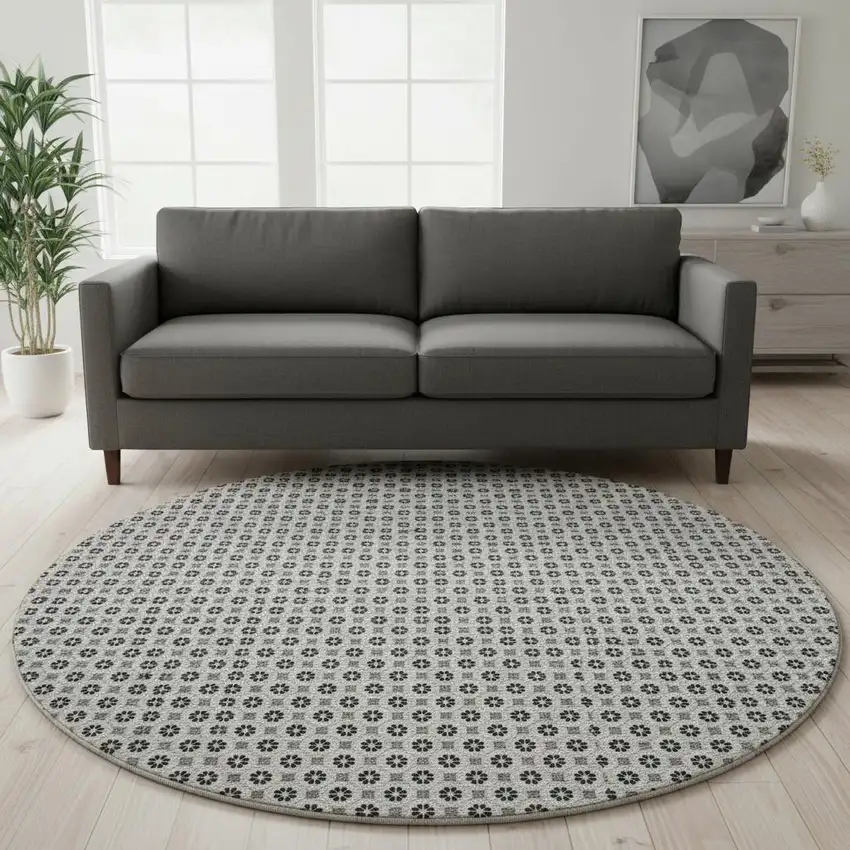 8' X 8' Ivory Black And Gray Geometric Washable Round Rug With UV Protection Photo 2