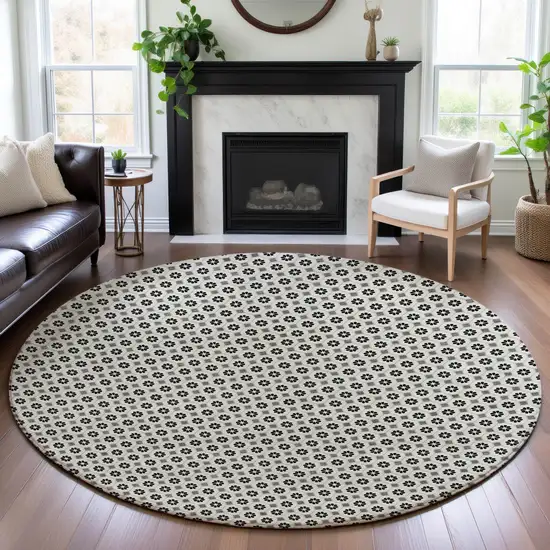 8' X 8' Ivory Black And Gray Geometric Washable Round Rug With UV Protection Photo 4