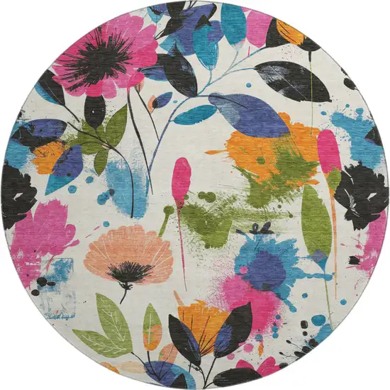 8' X 8' Ivory Blue Pink And Orange Floral Washable Round Rug With UV Protection Photo 1
