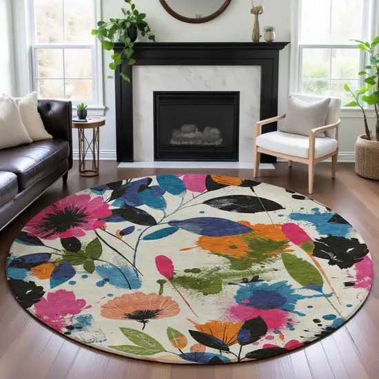 8' X 8' Ivory Blue Pink And Orange Floral Washable Round Rug With UV Protection Photo 4
