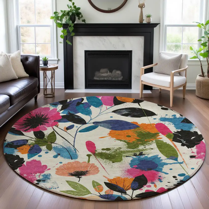 8' X 8' Ivory Blue Pink And Orange Floral Washable Round Rug With UV Protection Photo 4