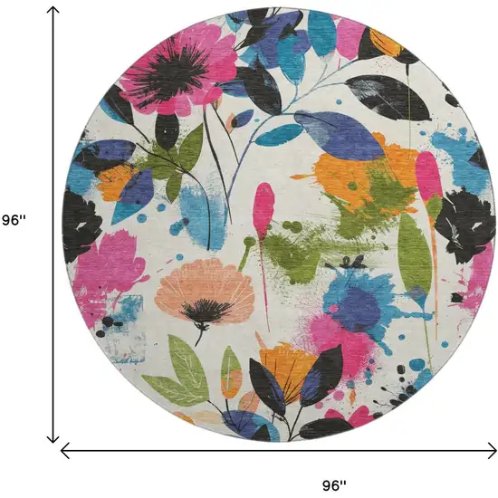 8' X 8' Ivory Blue Pink And Orange Floral Washable Round Rug With UV Protection Photo 9