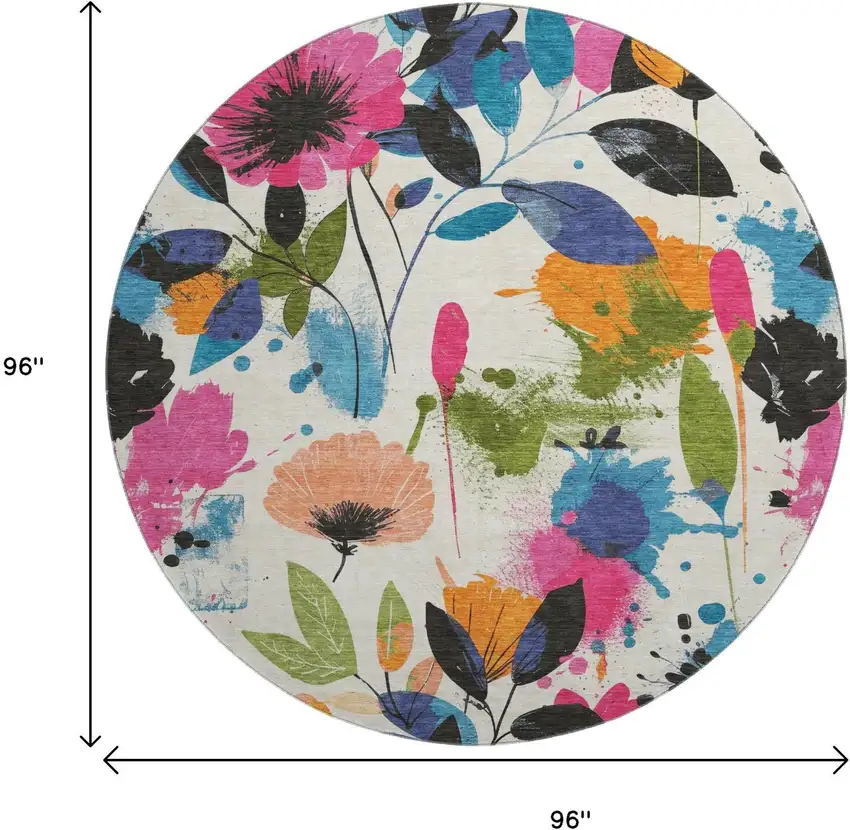 8' X 8' Ivory Blue Pink And Orange Floral Washable Round Rug With UV Protection Photo 9