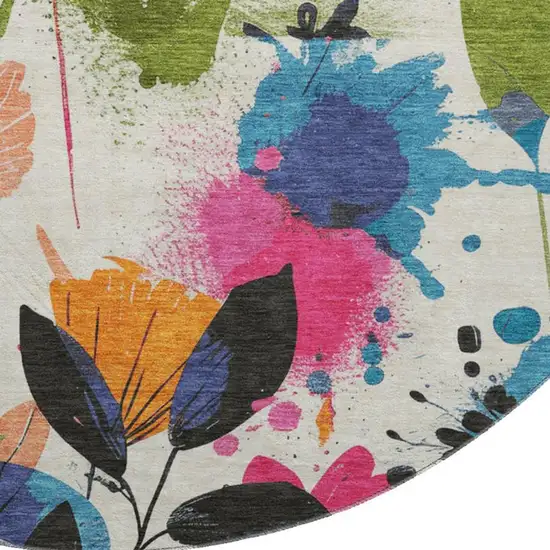 8' X 8' Ivory Blue Pink And Orange Floral Washable Round Rug With UV Protection Photo 3
