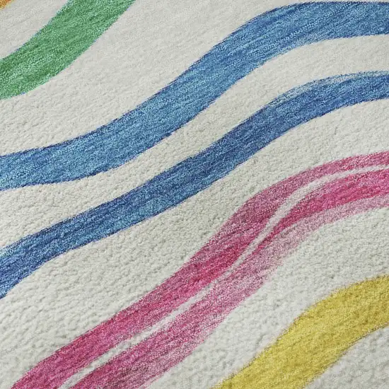 8' X 8' Ivory Blue Yellow And Pink Striped Washable Round Rug With UV Protection Photo 8