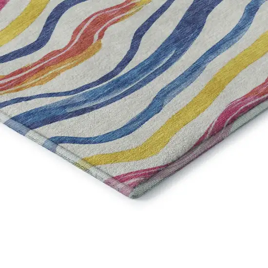 8' X 8' Ivory Blue Yellow And Pink Striped Washable Round Rug With UV Protection Photo 6