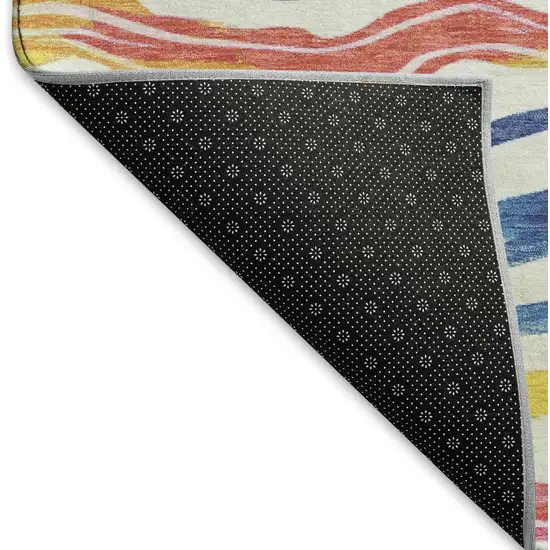 8' X 8' Ivory Blue Yellow And Pink Striped Washable Round Rug With UV Protection Photo 5