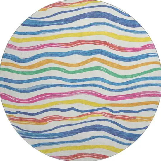 8' X 8' Ivory Blue Yellow And Pink Striped Washable Round Rug With UV Protection Photo 2