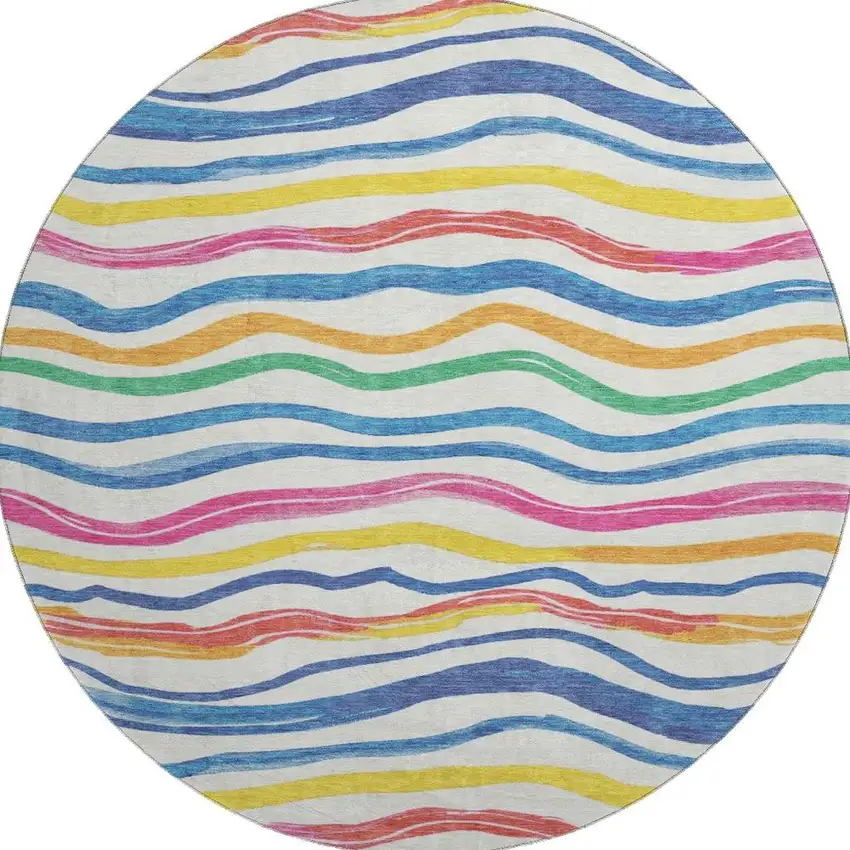 8' X 8' Ivory Blue Yellow And Pink Striped Washable Round Rug With UV Protection Photo 2
