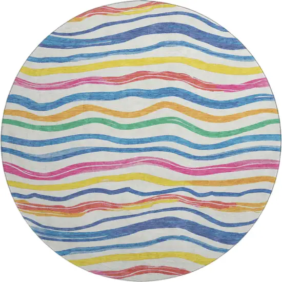 8' X 8' Ivory Blue Yellow And Pink Striped Washable Round Rug With UV Protection Photo 1
