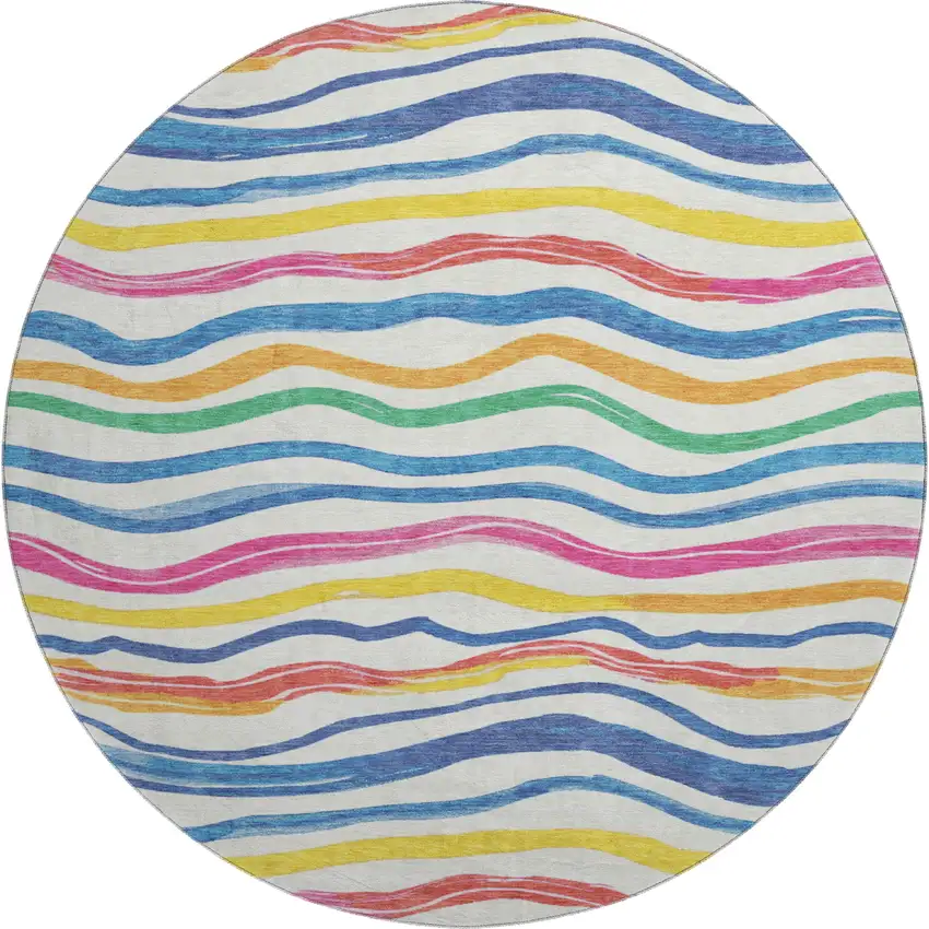 8' X 8' Ivory Blue Yellow And Pink Striped Washable Round Rug With UV Protection Photo 1
