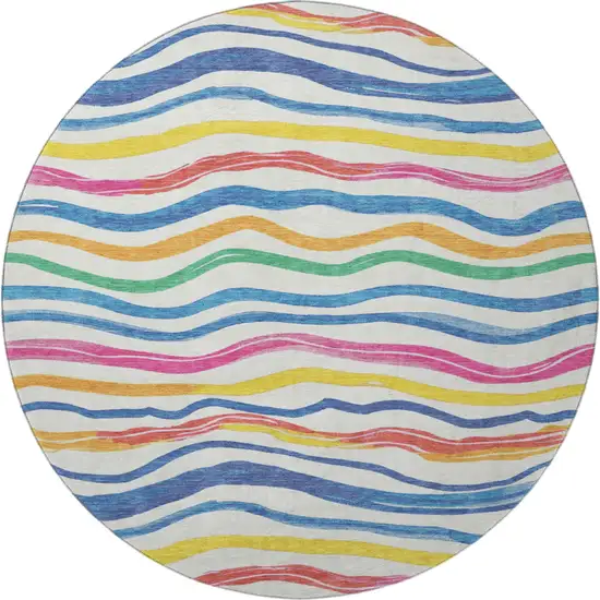 8' X 8' Ivory Blue Yellow And Pink Striped Washable Round Rug With UV Protection Photo 3