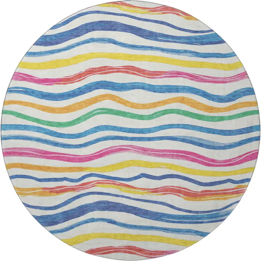 8' X 8' Ivory Blue Yellow And Pink Striped Washable Round Rug With UV Protection Photo 3