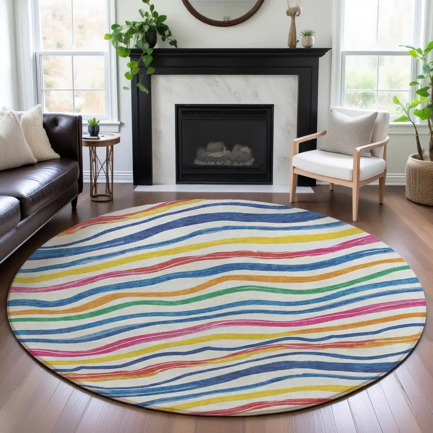 8' X 8' Ivory Blue Yellow And Pink Striped Washable Round Rug With UV Protection Photo 4