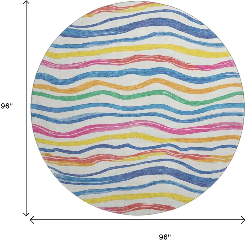 8' X 8' Ivory Blue Yellow And Pink Striped Washable Round Rug With UV Protection Photo 9